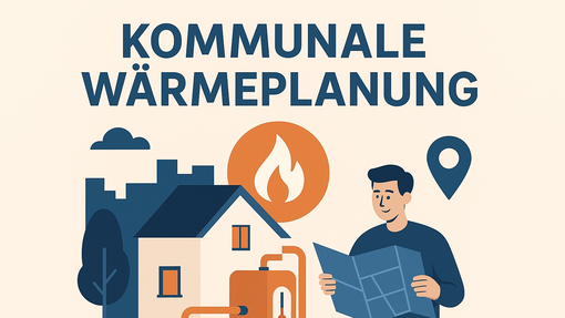 Person mit Plan in den Händen. Haus und Heizungsanlage im Hintergrund.
