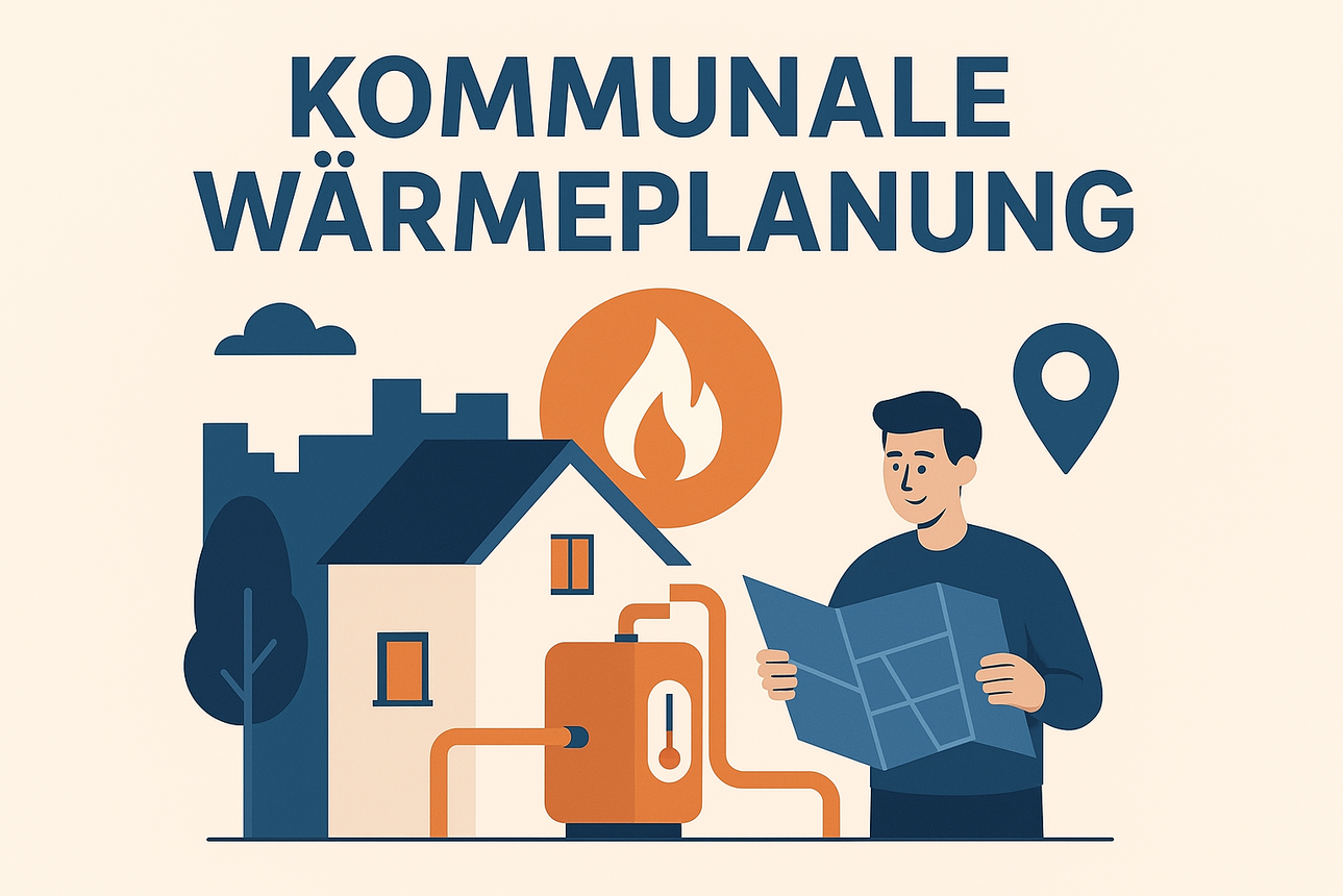 Grafik Stadt Friedrichsthal, erstellt mit KI-Unterstützung (OpenAI ChatGPT) Person mit Plan in den Händen und Gebäude sowie Heizung im Hintergrund