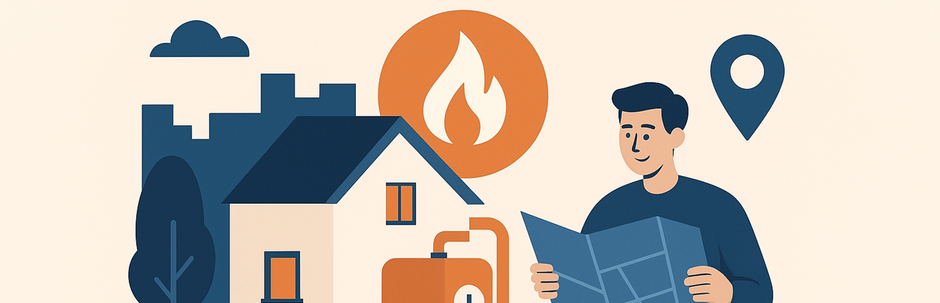 Grafik Stadt Friedrichsthal, erstellt mit KI-Unterstützung (OpenAI ChatGPT) Person mit Plan in den Händen und Gebäude sowie Heizung im Hintergrund