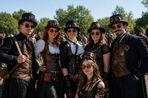 Gruppe in Steampunk-Kostümen