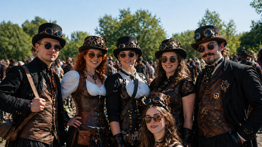 Gruppe in Steampunk-Kostümen