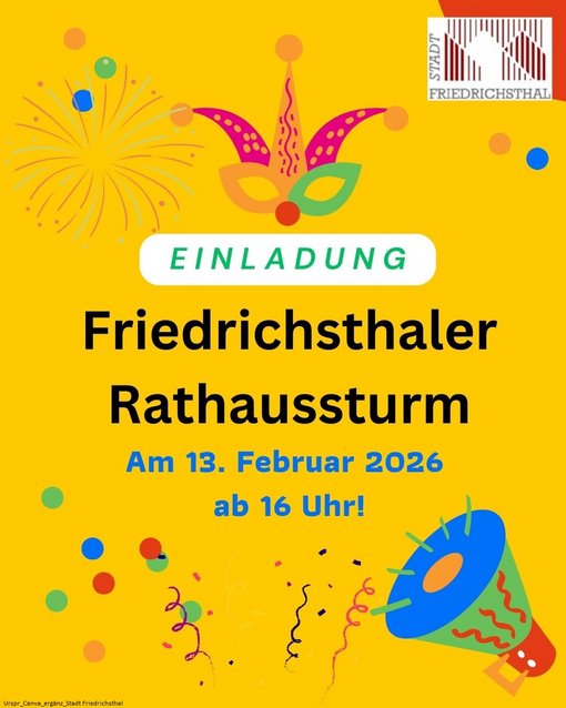 Buntes Plakat mit Luftschlangen und Konfetti zwecks Einladung zum Rathaussturm