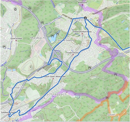 Bild mit Kartenansicht und eingezeichnetem Streckenverlauf