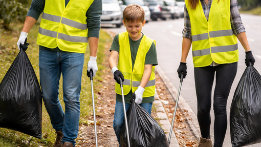 Familie beim Müll sammeln mit Müllsäcken, Zangen und gelben Warnwesten