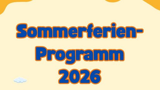 Sommerferienprogramm 2026 Grafik mit Schulgebäude und Überschrift Sommerferienprogramm 2026