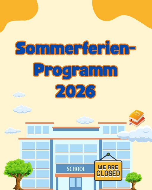 Grafik mit Schulgebäude und Überschrift Sommerferienprogramm 2026