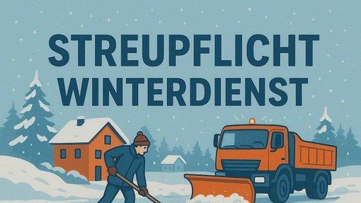 Streupflicht_KI Winterliche Straße mit Haus und mit Person die Schnee schaufelt. Streuauto fährt durch die Straße.