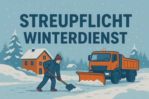 Streupflicht_KI Winterliche Straße mit Haus und mit Person die Schnee schaufelt. Streuauto fährt durch die Straße.