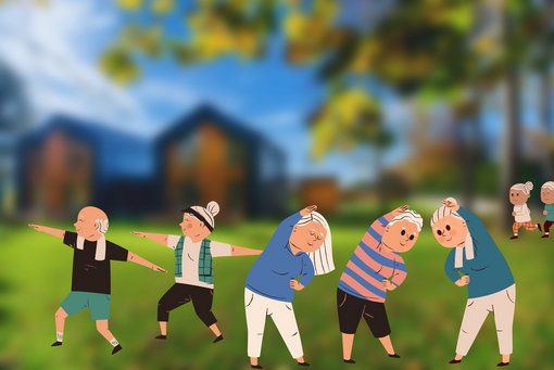 Figuren gymnastizieren auf einer grünen Wiese, Häuser im Hintergrund unscharf
