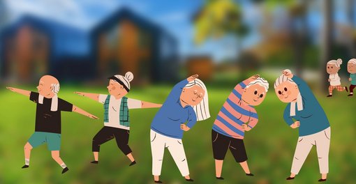 Figuren gymnastizieren auf einer grünen Wiese, Häuser im Hintergrund unscharf