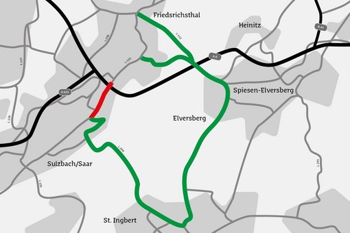 Straßenkarte von Sulzbach und den Nachbarorten mit Einzeichnung der Sperrung in rot und einer Umleitung in grün